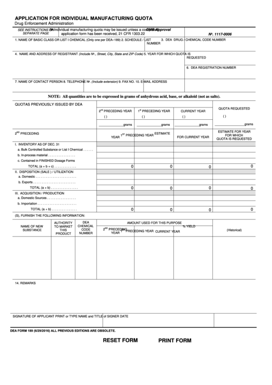 Fillable Dea Form 189 - Application For Individual Manufacturing Quota - 2016 Printable pdf