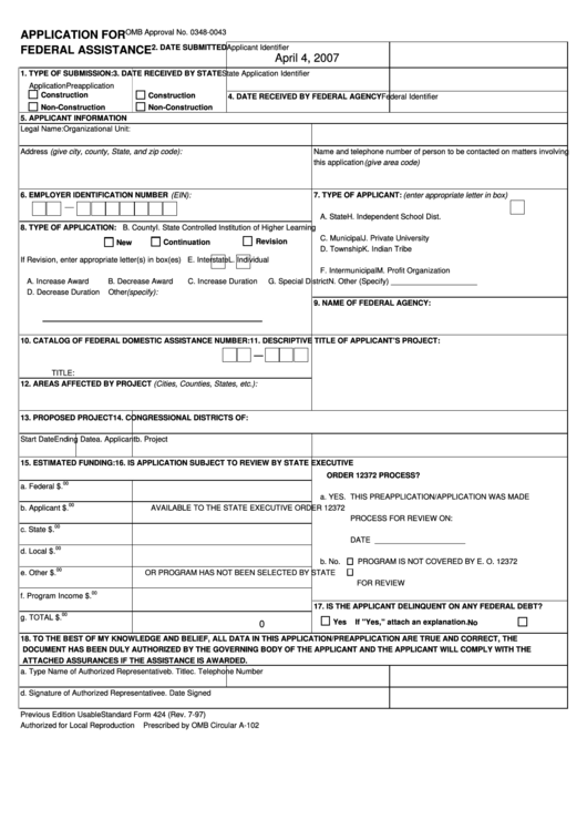 Fillable Application For Federal Assistance Form printable pdf download