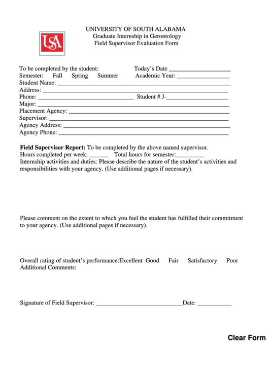 Fillable Graduate Internship In Gerontology Field Supervisor Evaluation Form - University Of South Alabama Printable pdf