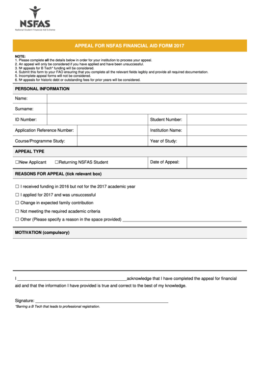 Appeal For Nsfas Financial Aid Form - 2017 Printable pdf