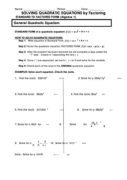 Solving Quadratic Equations By Factoring Worksheet Printable pdf