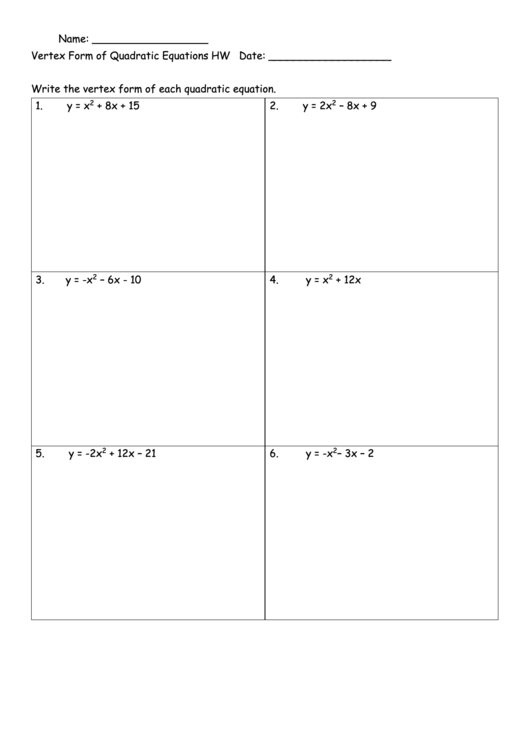 Vertex Form Of Quadratic Equations Hw Printable pdf