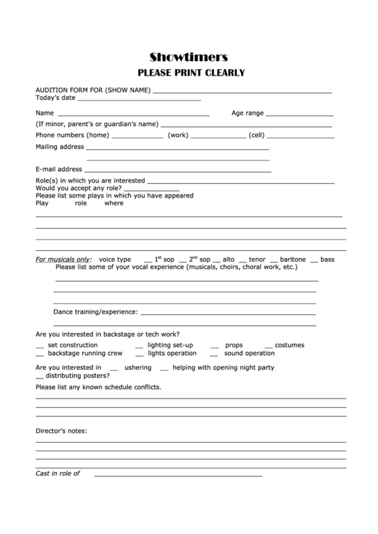 Sample Audition Form printable pdf download