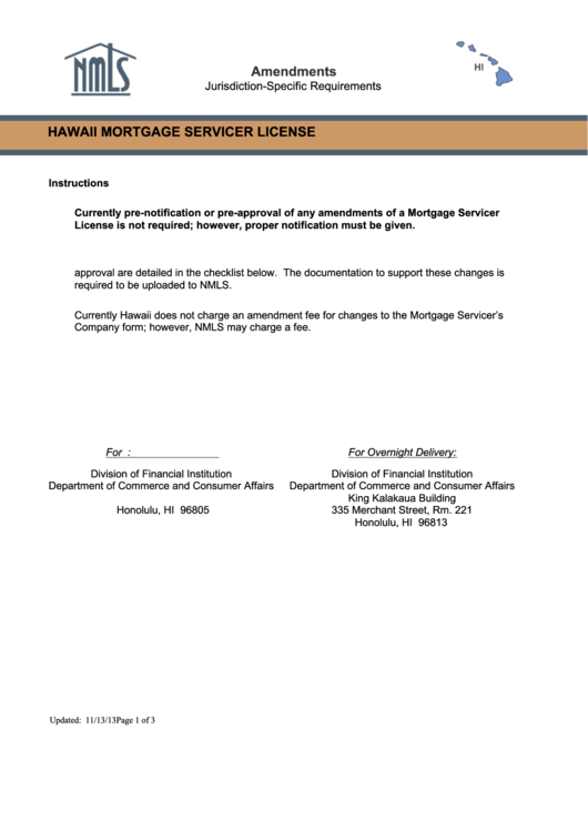 Hawaii Mortgage Servicer License Application Form Printable pdf