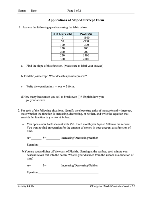 Applications Of Slope Intercept Form Worksheet Template Printable pdf