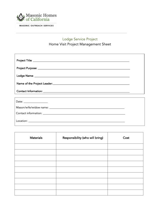 Home Visit Project Management Sheet Template Printable pdf
