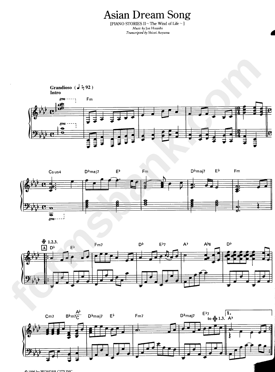 Asian Dream Song (Piano Sheet Music) - By Joe Hisaish printable pdf