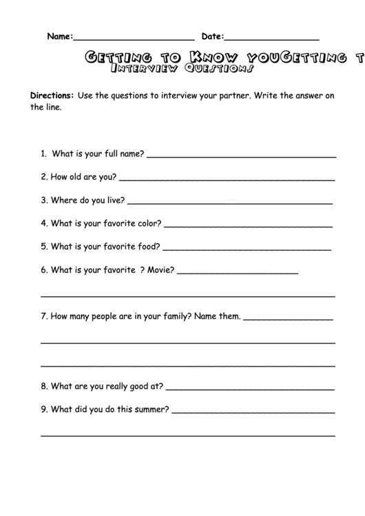 Interview Questionnaire Template: Getting To Know You Printable pdf