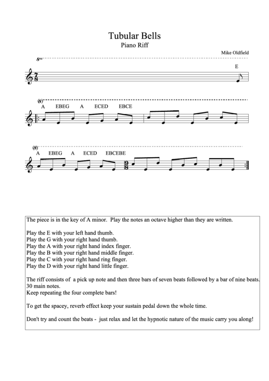 Tubular Bells Piano Music - (Piano Riff) Mike Oldfield Printable pdf