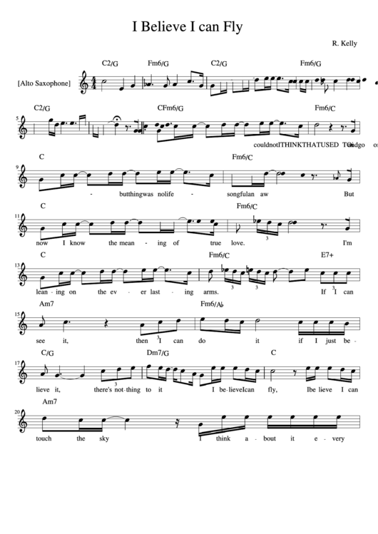 R. Kelly - I Believe I Can Fly Alto Sax Sheet Music Printable pdf