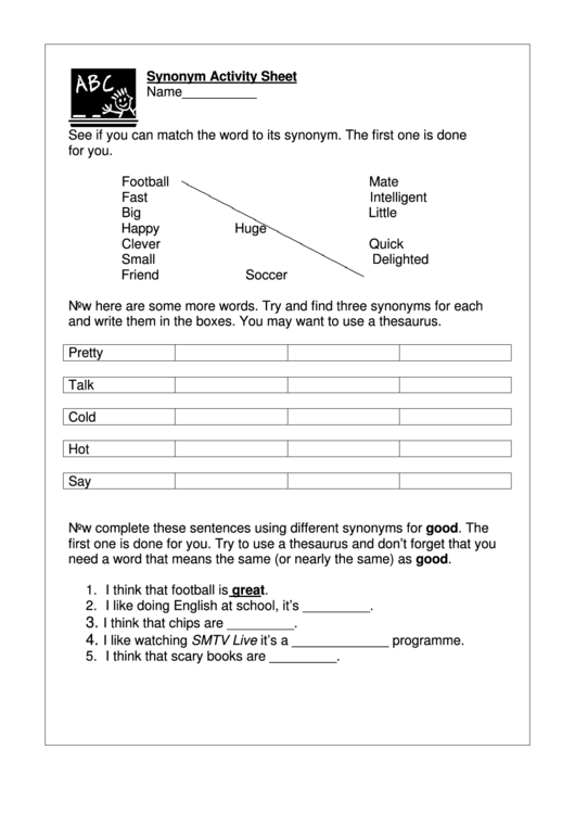Synonym Activity Sheet Template Printable pdf