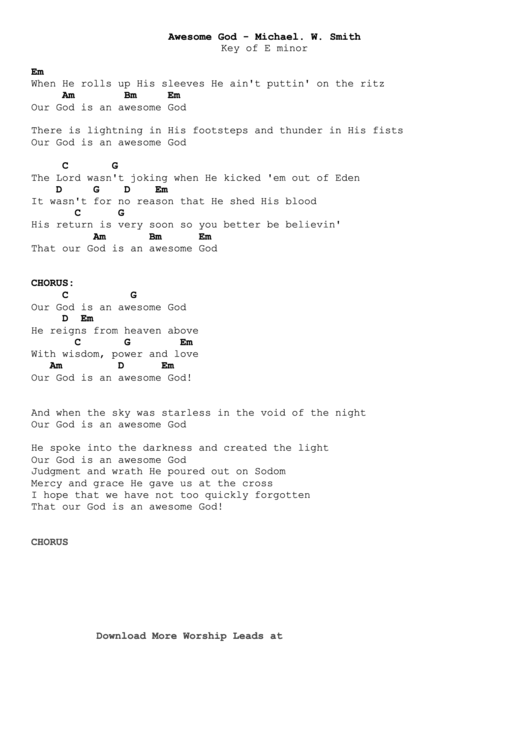 Awesome God - Michael W Smith (Key Of E Minor) Chord Chart Printable pdf