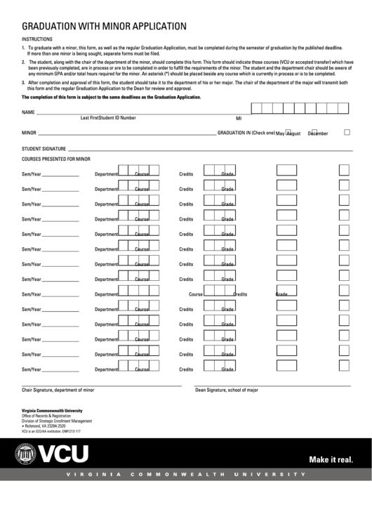 Fillable Graduation With Minor Application Form - Vcu - Virginia Printable pdf