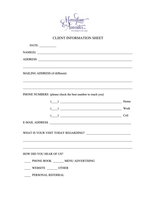 Client Information Form - Mercogliano Associates Printable pdf