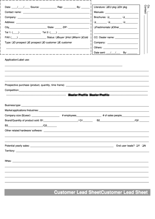 Customer Lead Sheet Printable pdf