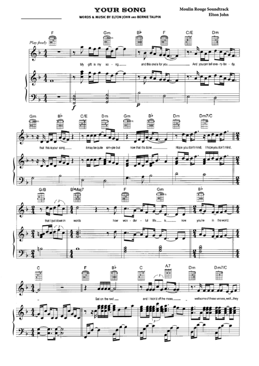Your Song (Sheet Music) - Elton John Printable pdf