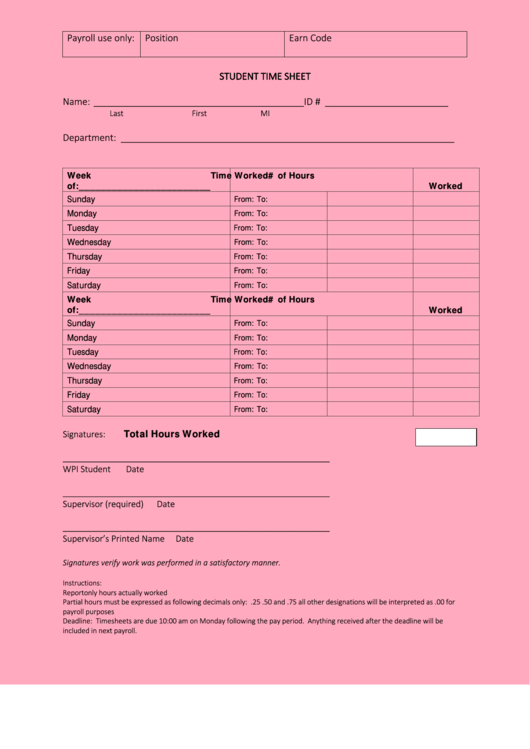 Fillable Student Time Sheet Template Printable pdf