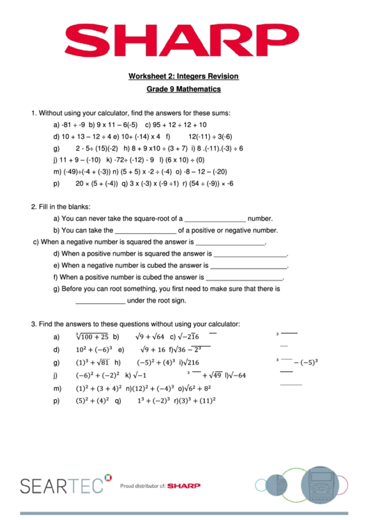 Integers Revision Grade 9 Mathematics Worksheet Printable pdf