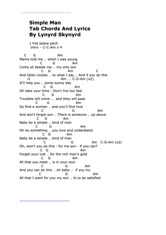 Simple Man Tab Chords And Lyrics By Lynyrd Skynyrd Printable Pdf Download