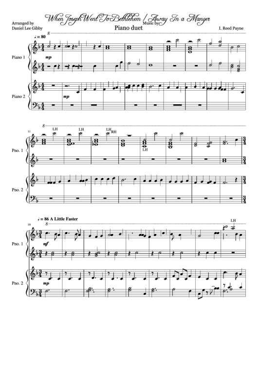 When Joseph Went To Bethlehem / Away In A Manger - I. Reed Payne (Piano Duet Sheet Music) Printable pdf