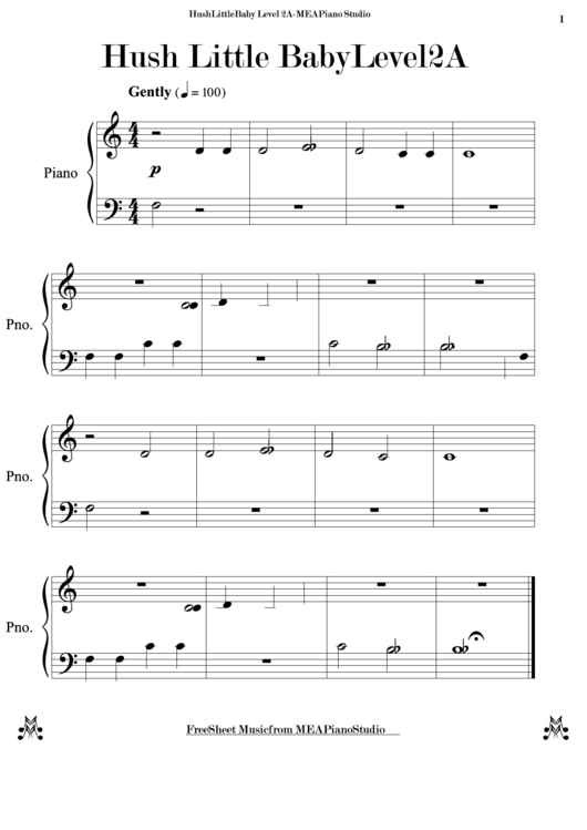 Hush Little Baby Level 2a (Arrg. By Mea Piano Studio) - Piano Sheet Music Printable pdf
