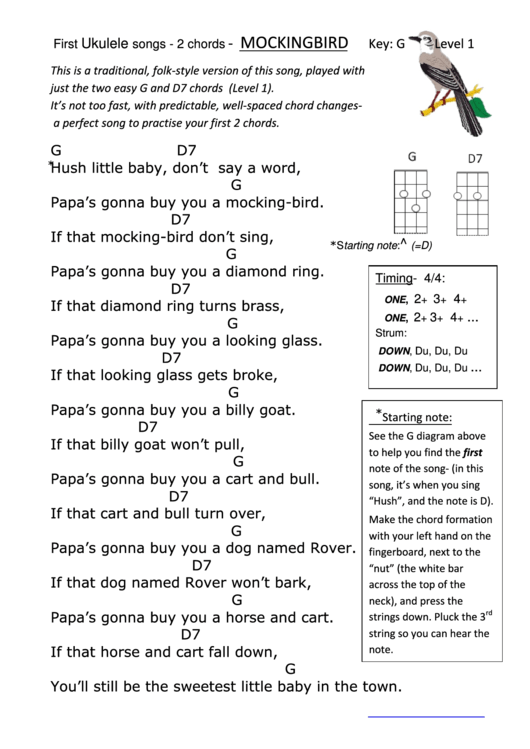 First Ukulele Songs - Mockingbird Chord Chart (Key: G) Printable pdf