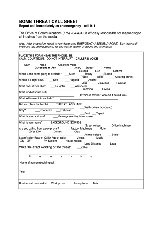 Bomb Threat Call Sheet Printable pdf
