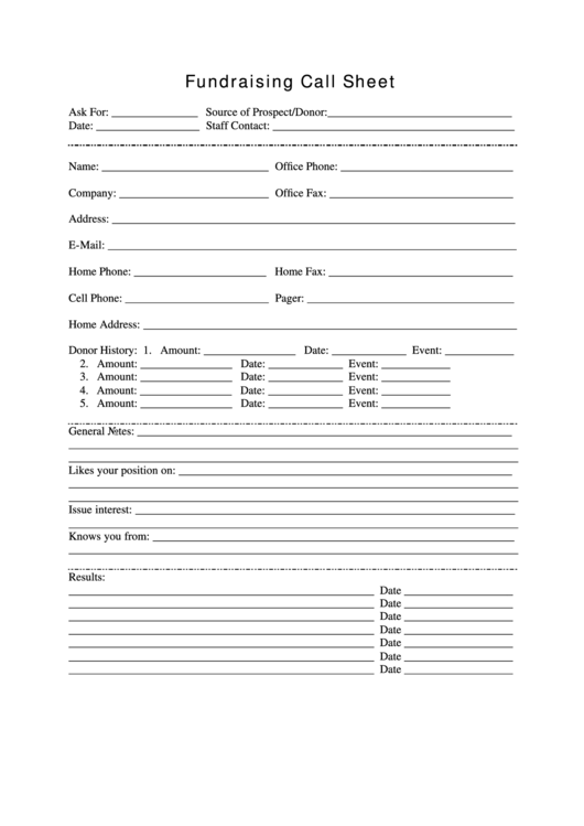 Fundraising Call Sheet Template Printable pdf