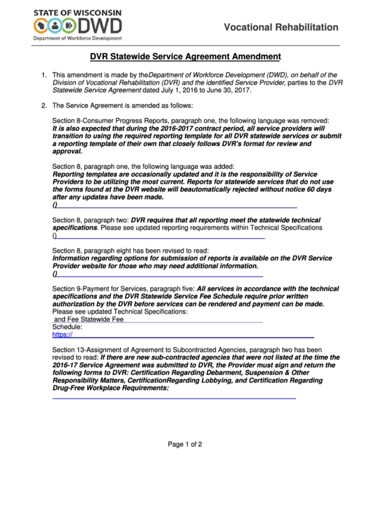 Dvr Statewide Service Agreement Amendment - State Of Wisconsin Department Of Workforce Development Printable pdf