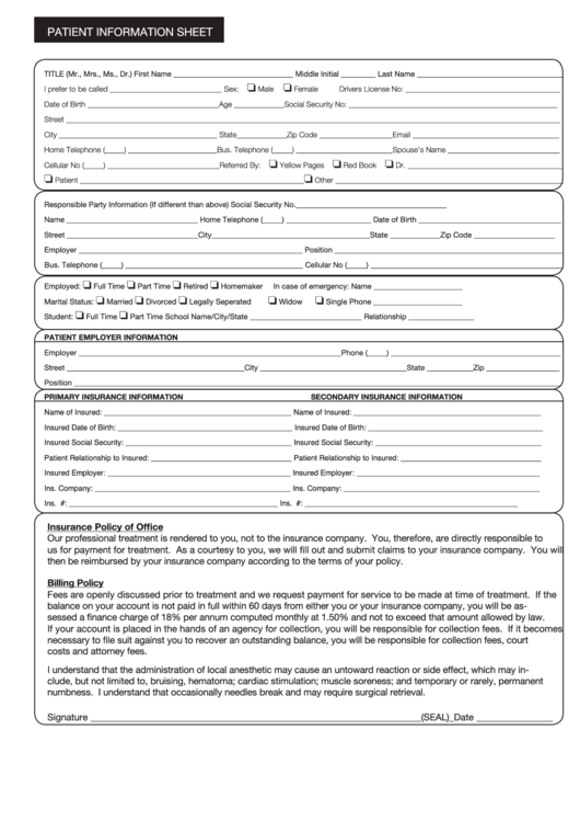 Patient Information Sheet Template Printable pdf