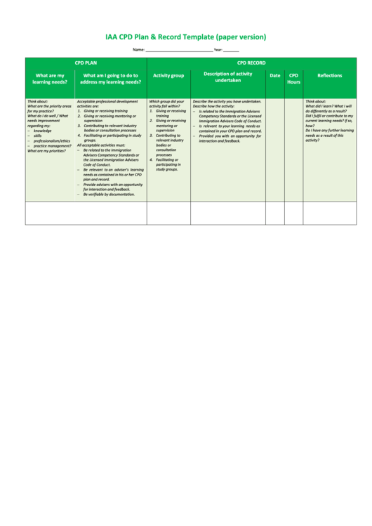 Iaa Cpd Plan & Record Template (Paper Version) Printable pdf