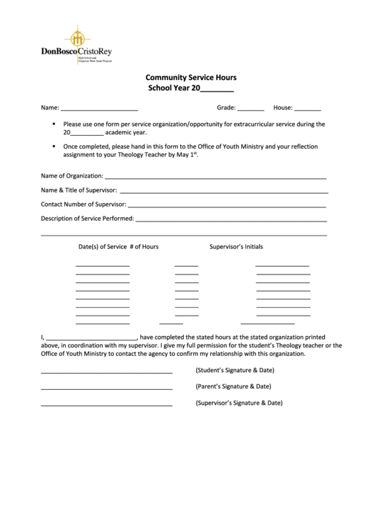 Community Service Hours Form Printable pdf