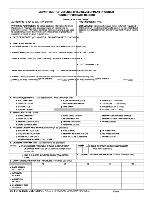 Fillable Dd Form 2606 - Department Of Defense Child Development Program Request For Care Record Printable pdf