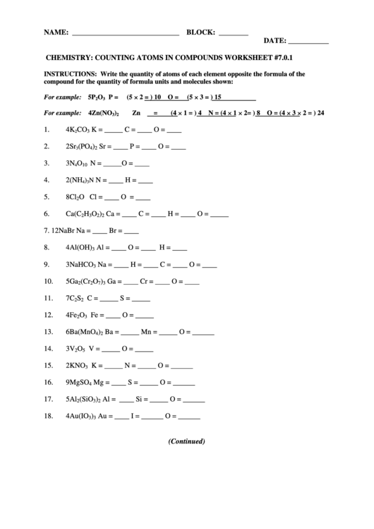 Chemistry: Counting Atoms In Compounds Worksheet Printable pdf