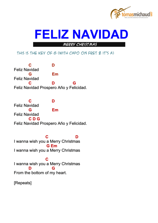 Feliz Navidad - Merry Christmas Guitar Chords Sheet Printable pdf