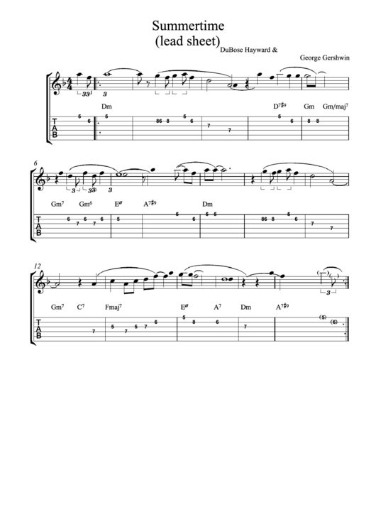 Summertime (Lead Sheet) Dubose Hayward George Gershwin Sheet Music Printable pdf