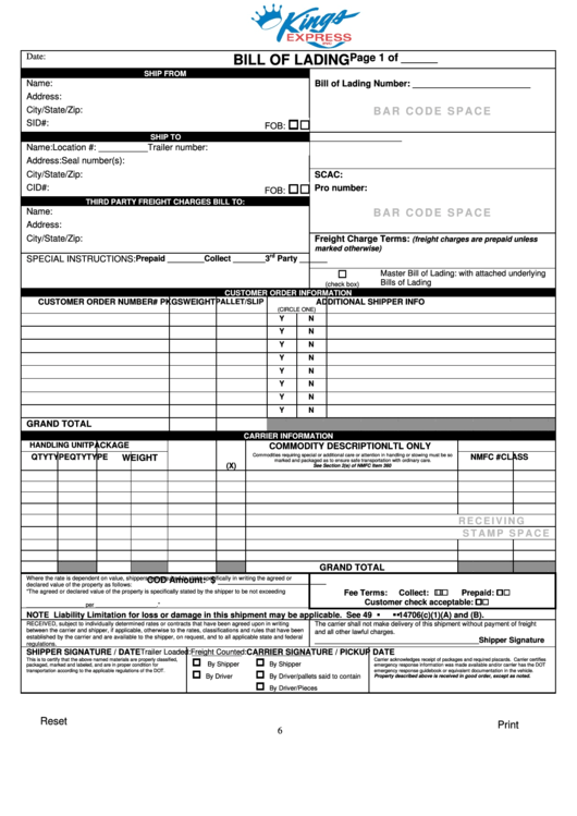 Fillable Bill Of Lading Form - Fillable Printable pdf