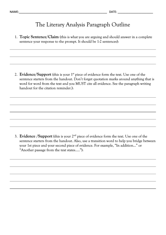 The Literary Analysis Paragraph Outline Template