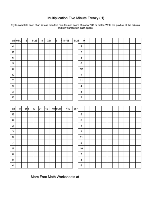 Multiplication Five Minute Frenzy (H) - Sample Printable pdf