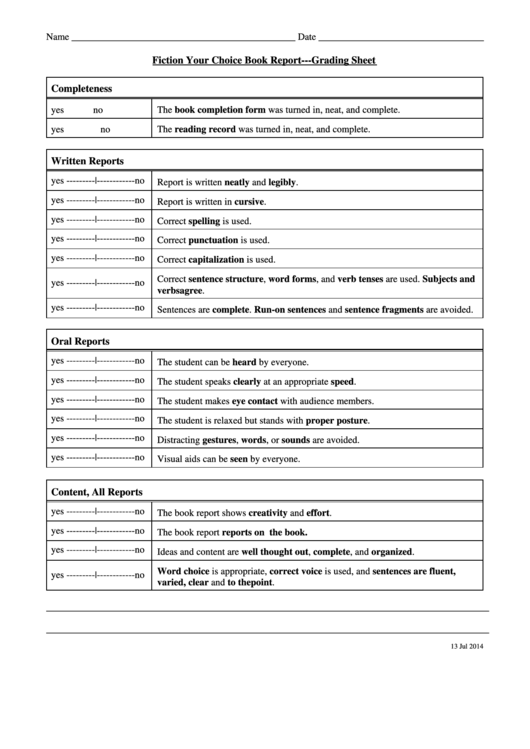 Fiction Your Choice Book Report - Grading Sheet Printable pdf