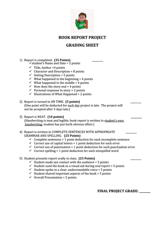 Book Report Project Grading Sheet Printable pdf