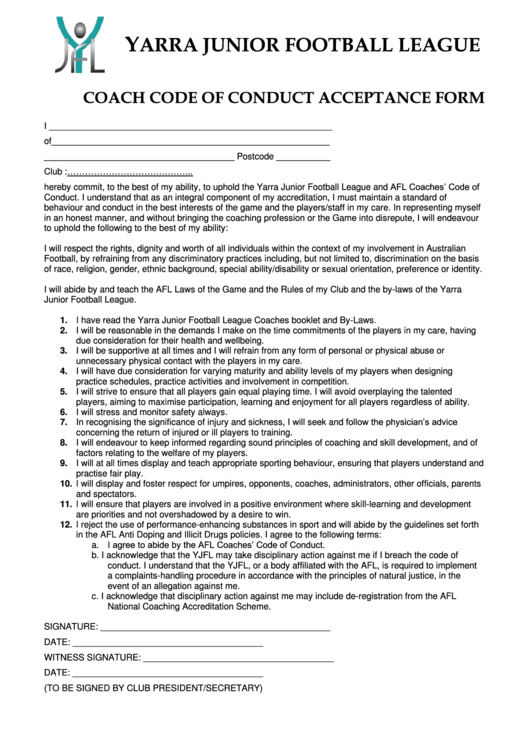 Coach Code Of Conduct Acceptance Form Printable pdf