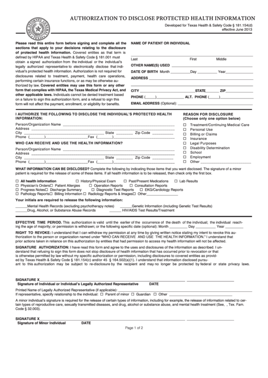 Authorization Form To Disclose Protected Health Information Printable Pdf Download