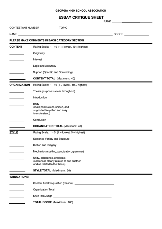 Georgia High School Association - Essay Critique Sheet Printable pdf