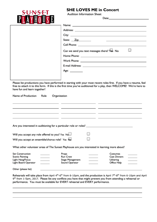 Audition Sheet - She Loves Me In Concert - Sunset Playhouse Printable pdf