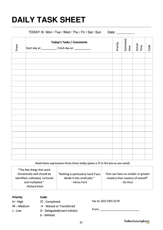 Daily Task Sheet Printable pdf