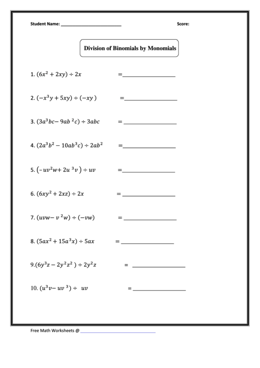 Division Of Binomials By Monomials printable pdf download