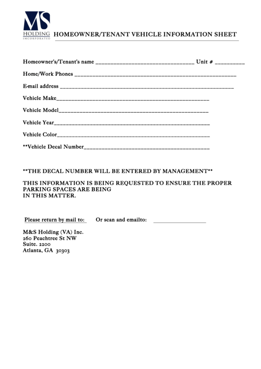 Homeowner/tenant Vehicle Information Sheet Printable pdf