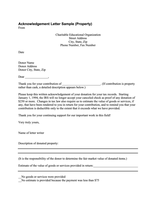 Sample (Property) Acknowledgement Letter Template Printable pdf