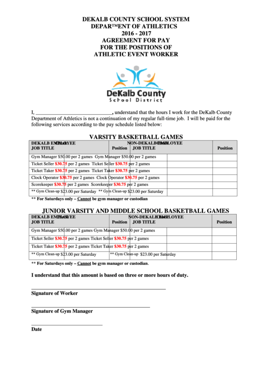Agreement For Pay For The Positions Of Athletic Event Worker - Dekalb County School System Department Of Athletics Printable pdf
